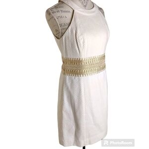 Lilly Pulitzer Ashlynn Cream Gold Metallic Trim Halter Shift Dress Size 8
